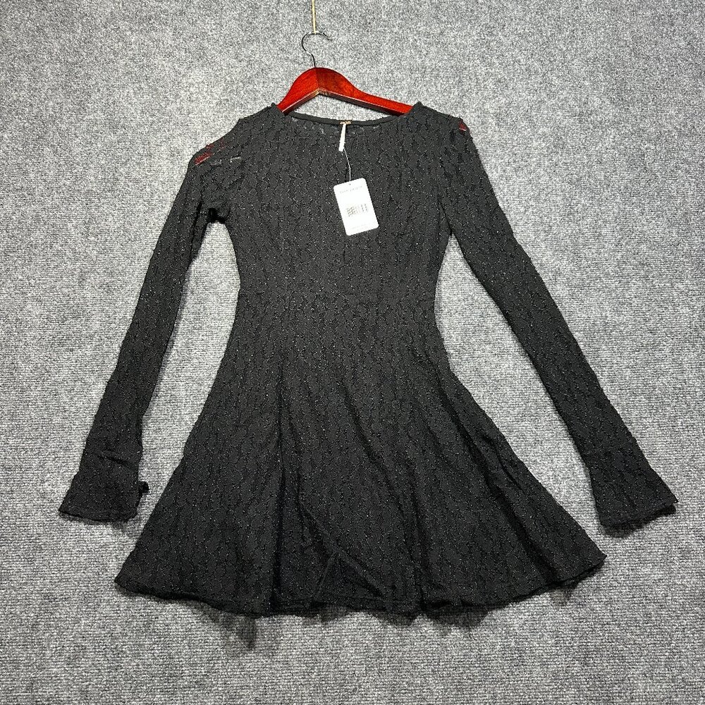 Free People Dress Womens XS Black Lace Aline Lined Bell Cuff Sleeve NEW Skater